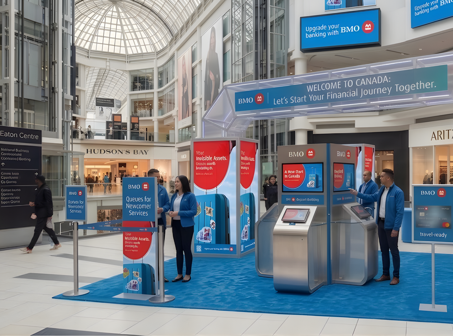 BMO airport-inspired experiential booth at Eaton Centre