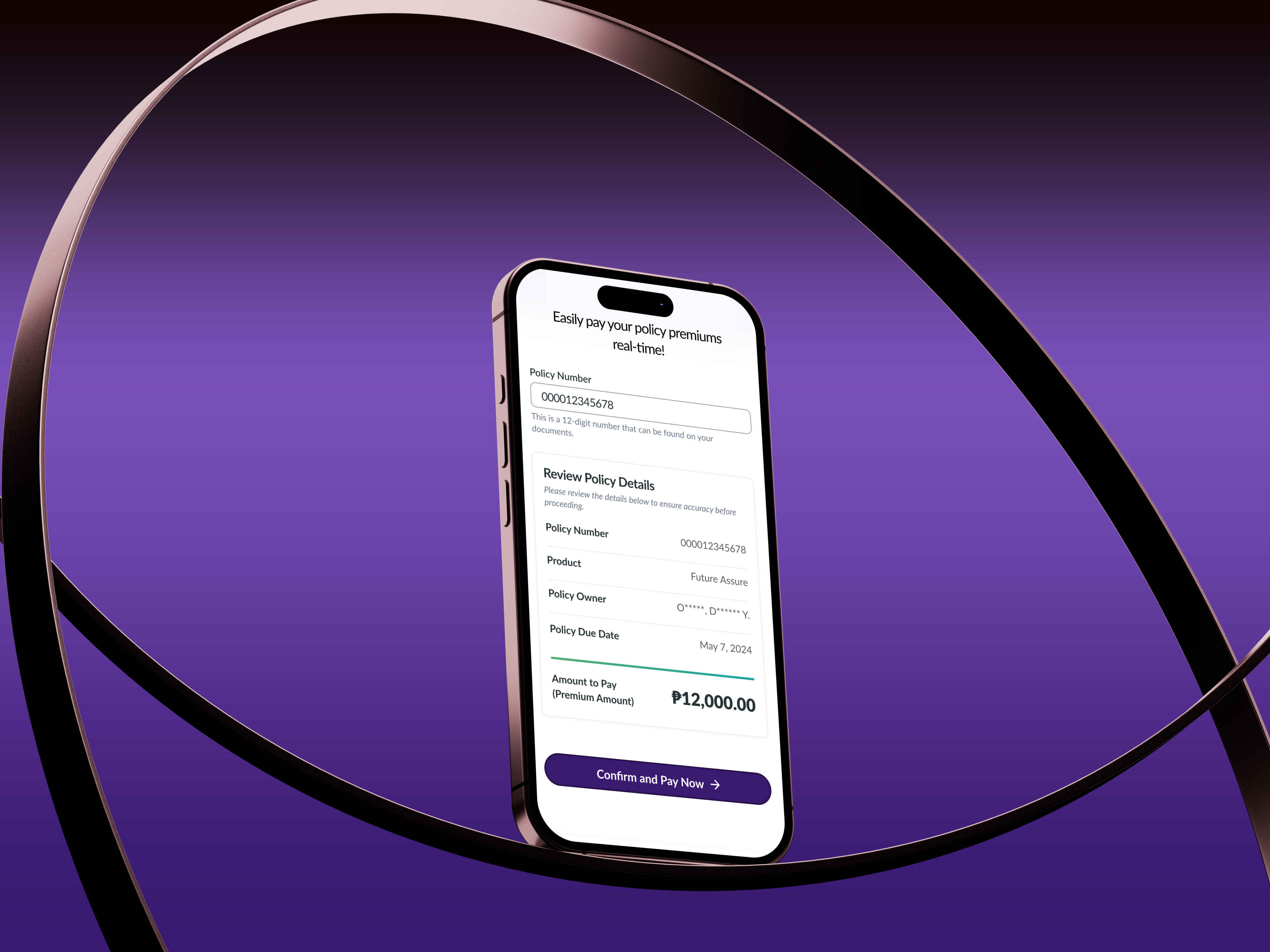 Mobile insurance premium payment interface preview.